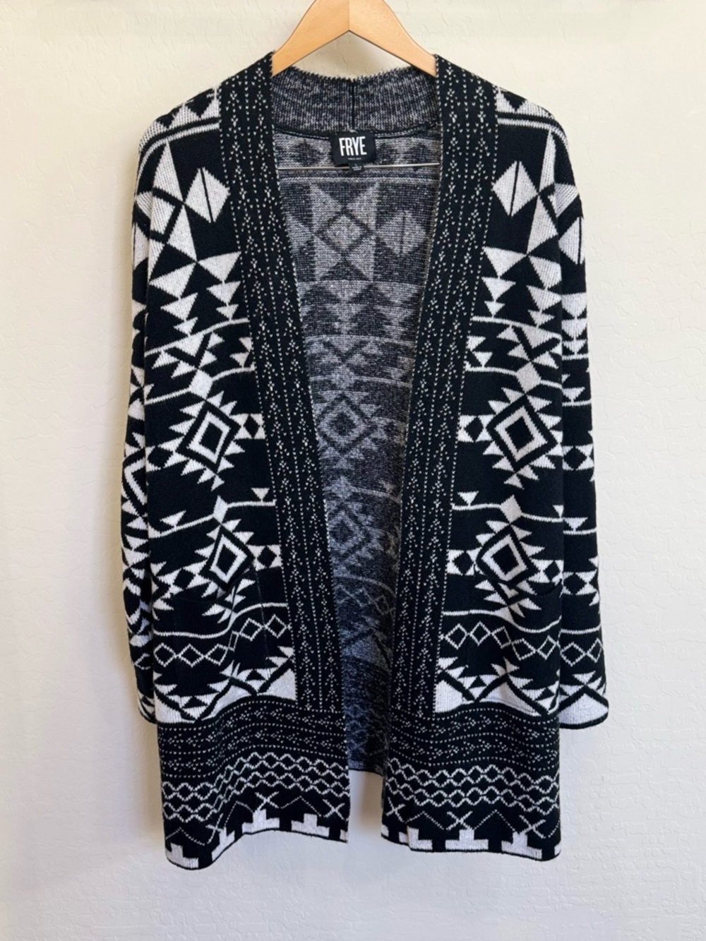 Frye Women's Patterned Cardigan - Black/White Geometric Aztec Knit - Size Large